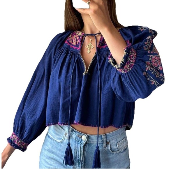 Free People Cherry Bomb Embroidered Peasant Blouse Navy Blue Pink Boho Top S - Picture 1 of 10